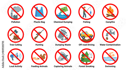 A collection of prohibition signs indicating activities that are harmful to the environment and wildlife, such as pollution, plastic bag use, and hunting.