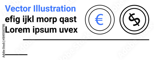 Currency, global finance, payment systems, banking, worldwide trade, economic symbols. Euro and dollar icons displayed side by side. Currency and global finance concept emphasizing transactions