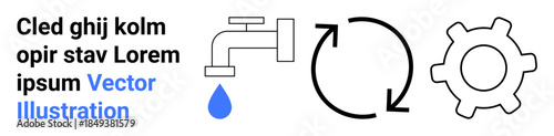 Sustainability, water management, environmental awareness, recycling, industrial processes, renewable resources. A faucet dripping water, circular recycling arrows and a gear icon. Water management