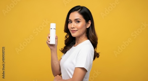 Smiling Asian woman holding white bottle.