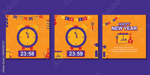 A set of three square social media templates for New Year 2026 countdown featuring alarm clocks, champagne, and festive decorations on an orange background.