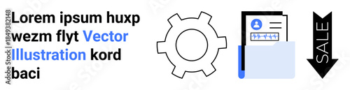 Gear, document inside blue folder with user profile, downward arrow labeled sale. Ideal for business process, settings, discounts, file management, analysis, trends simple landing page