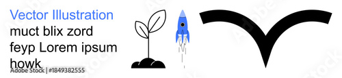 Growth, innovation, progress, sustainability, startup, creativity. Black sprout, blue rocket and abstract shape. Growth and innovation illustrated by sprout and rocket