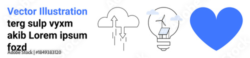 Sustainability, renewable energy, innovation, technology, cloud solutions, environmental care. a cloud, arrows light bulb with solar panel and heart. Emphasizing sustainability and renewable energy