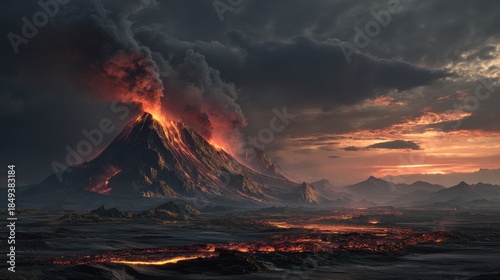 Dramatic Volcanic Eruption - Fiery Lava Illuminates Dark Landscape and Distant City Under Ashy Sky.
