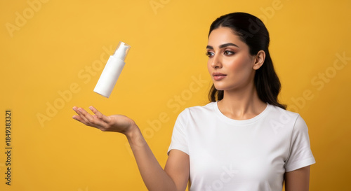 Woman with a white bottle floating above her hand.