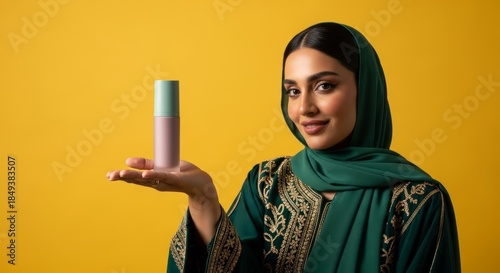 Young Arab woman holding a product on a yellow background.