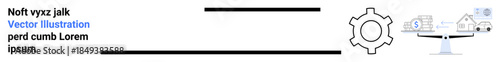 Scale balancing smart home and finance, gear symbol for optimization. Ideal for finance, technology, analysis, innovation, real estate, business, and simple landing page