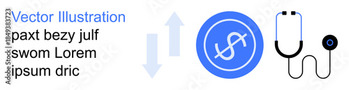 Healthcare finance, medical billing, financial systems, cost management, reimbursement, healthcare economics. Blue dollar symbol, stethoscope and arrows. Healthcare finance and medical billing