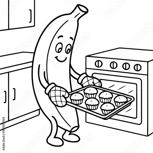 Banana's baking adventure: A whimsical illustration showcases an anthropomorphic banana happily baking cupcakes in a kitchen, wearing oven mitts and bringing joy to the art.