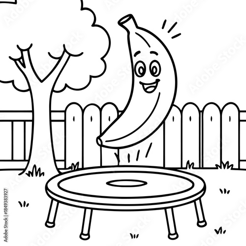 Banana Bounce: a fun illustration of a smiling banana bouncing on a trampoline in a garden, capturing the lighthearted spirit of the moment. 