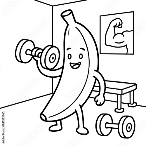 Strong Banana's Workout: a cheerful cartoon banana flexing its strength with a dumbbell in a lively fitness scene, ready for a challenging gym day!