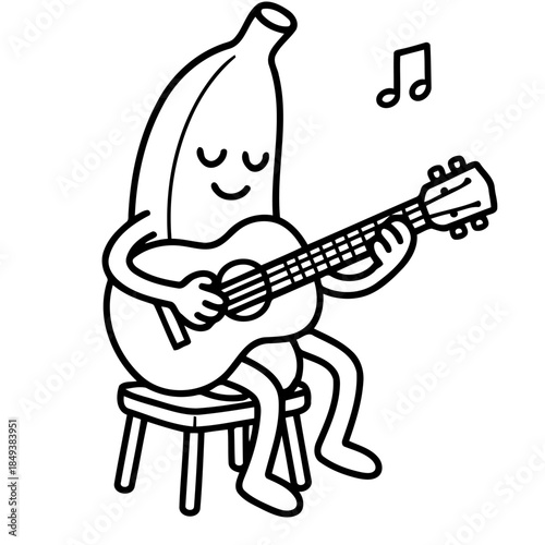 Banana's Melodic Serenade: A cheerful banana character strumming a guitar, filling the air with musical notes and playful charm.