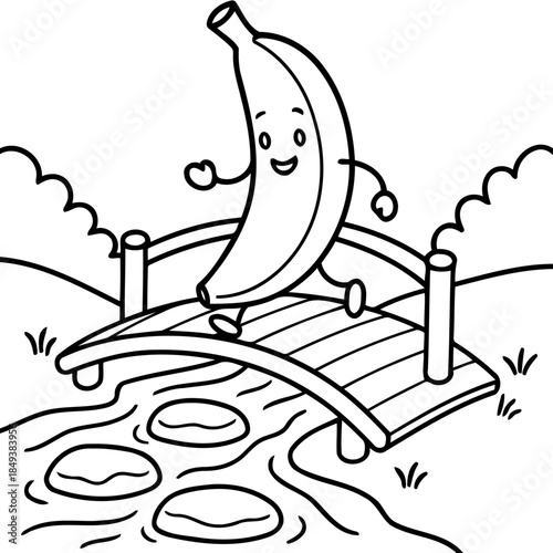 Cheerful Banana's Bridge Walk: An anthropomorphic banana cheerfully strides across a quaint bridge over a gentle stream. The scene is brimming with fun and the joys of simple pleasures. 