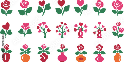 A collection of various pink roses, some arranged in vases and others with heart-shaped petals, making them lovely elements for design