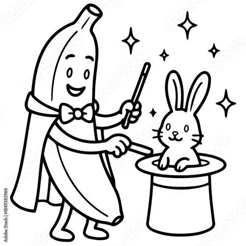 Whimsical Banana Magician: An enchanting scene unfolds as a cheerful banana character, attired as a magician, conjures a delightful bunny from a hat, sparkling with magical flair. 