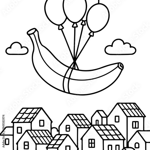 Banana's Aerial Adventure: An whimsical illustration shows a joyful banana sailing through the sky, lifted by a bunch of balloons above a charming town. It is a creative, unique and fun scene.