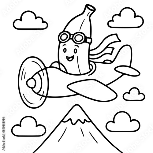 Banana Pilot Adventure: An illustration showcasing a jovial banana in an airplane soaring above a majestic mountain and fluffy clouds.