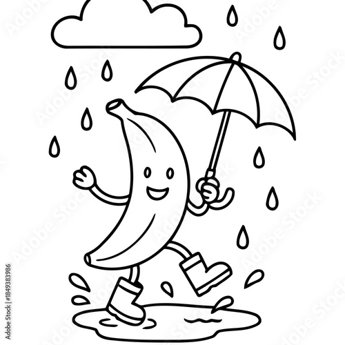 Banana's Rainy Day Adventure: A cheerful banana character joyfully struts through a puddle under a cloudy sky, using an umbrella to stay dry and the rain falling.