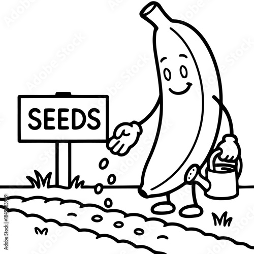 A Smiling Banana Sowing Seeds: A cheerful anthropomorphic banana is playfully planting seeds, personifying nature's nurturing process.