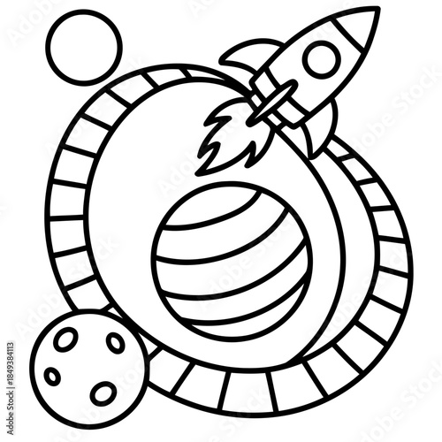 Cosmic Voyage: An illustrated rocket ship embarks on a journey through a vibrant cosmos, navigating alongside celestial bodies in a black and white world.