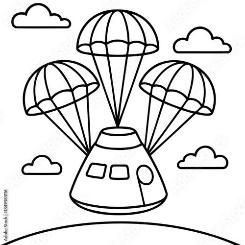 Descent of the Space Capsule: A line art illustration depicts the triumphant return of a spacecraft, gently descending to Earth under the guidance of multiple parachutes.