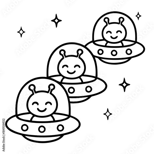 Extraterrestrial Expedition: Playful extraterrestrials embark on a whimsical space journey in their iconic flying saucers, exploring the vast expanse of the cosmos.