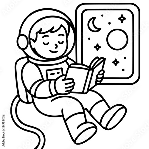 Astronaut Reading Book in Space:  A whimsical astronaut is depicted in a moment of tranquility and leisure, reading a book while gazing at the celestial display outside a porthole.