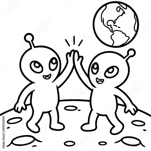 Extraterrestrial Alliance: Two cheerful extraterrestrial beings celebrate a moment of connection with a high-five gesture under the watchful gaze of planet Earth.