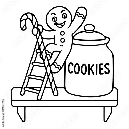 Gingerbread man's sweet journey: A whimsical depiction of a gingerbread man merrily scaling a ladder, intent on reaching a jar of cookies.