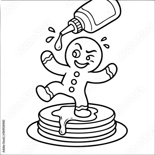 Gingerbread Man on Pancakes: A cheerful gingerbread man is wincing as syrup is poured over him on a stack of pancakes, showcasing a fun, food-themed scene.