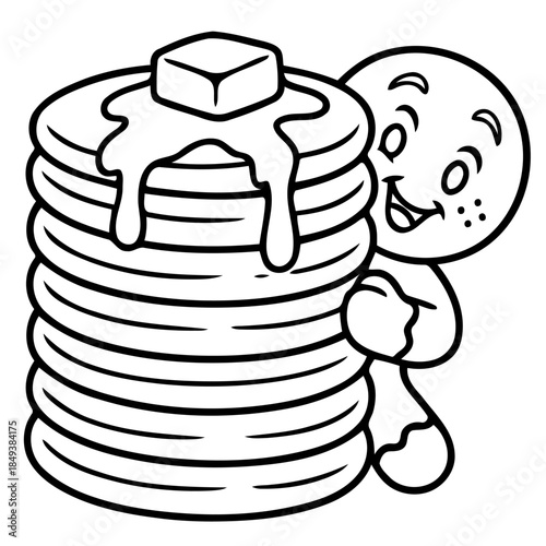 Gingerbread Man with Pancake Delight: This inviting image showcases a jovial gingerbread man, embracing a towering stack of golden pancakes, complete with melting butter.