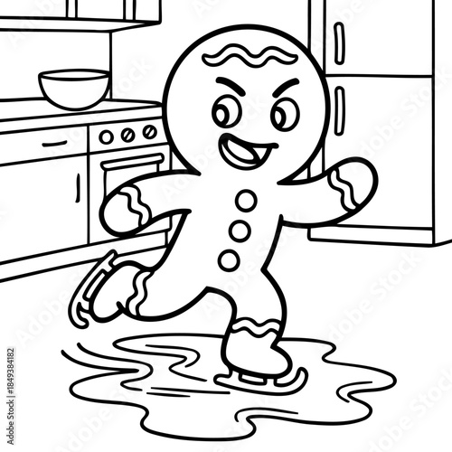 Gingerbread Man Skating on Icy Surface: A jovial gingerbread man, donned in ice skates, glides with glee on a frozen puddle within a kitchen setting. An illustration for winter merriment!