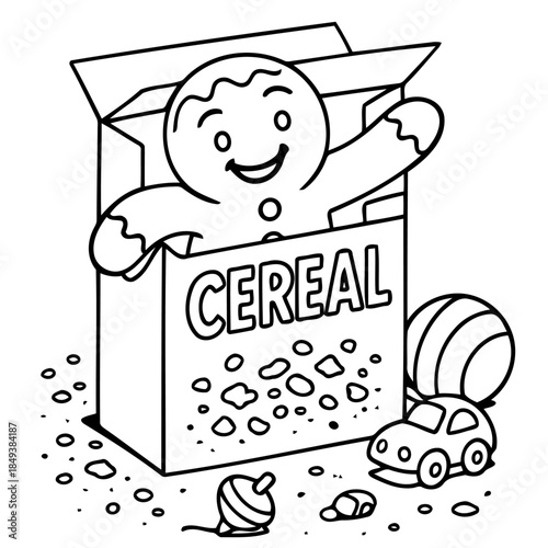 Whimsical Gingerbread Delight: An enchanting gingerbread man emerges from a cereal box, surrounded by playful toys, evokes the innocent joy of childhood.