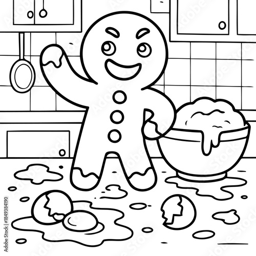 Gingerbread Man Mischief in the Kitchen: An illustration captures a mischievous gingerbread man amidst a culinary mess, with spilled eggs, and a bowl of batter on a kitchen counter.
