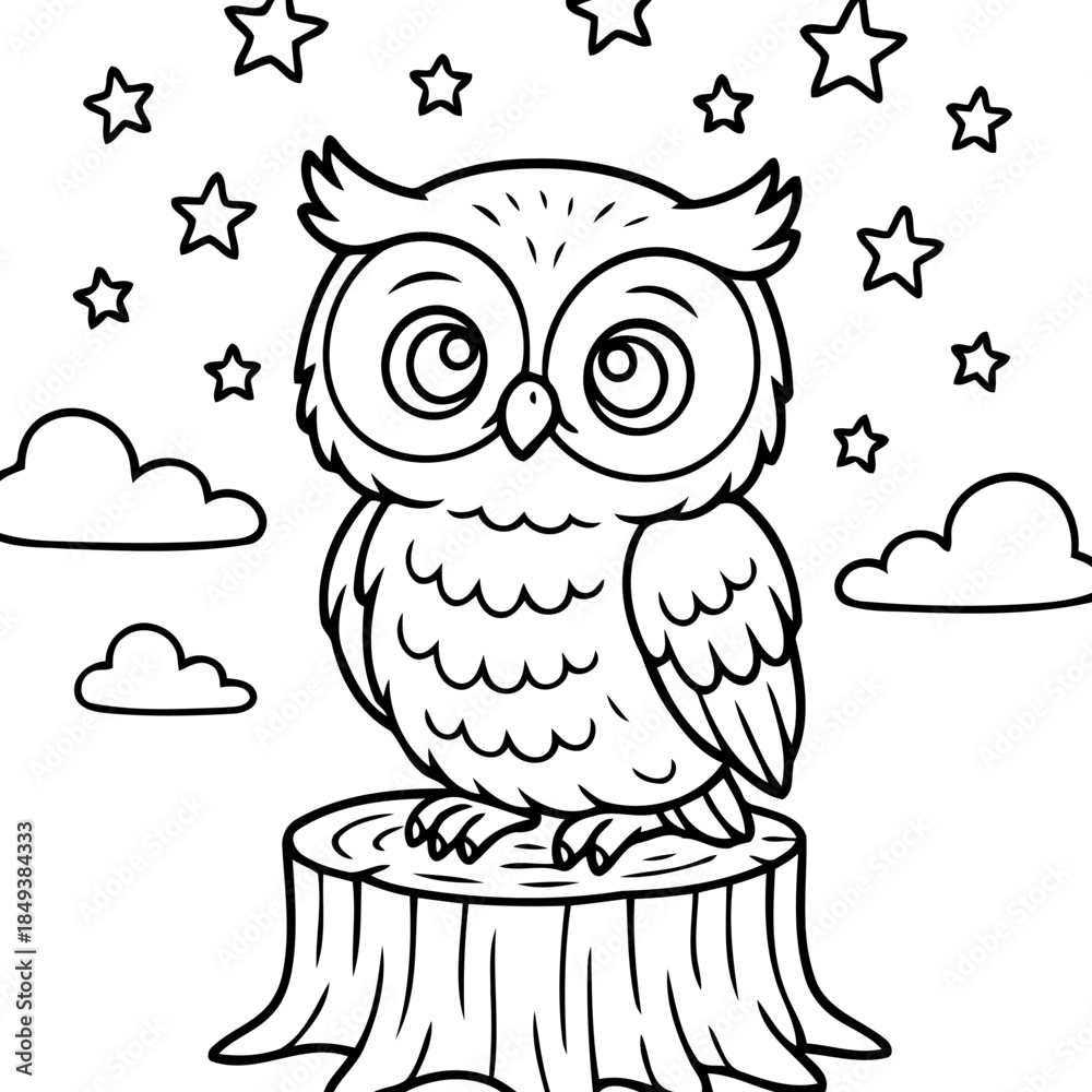 Fototapeta premium Owl in Starlight: A wise owl gazes upwards, surrounded by stars and clouds, perched atop a tree stump in a serene nighttime scene.