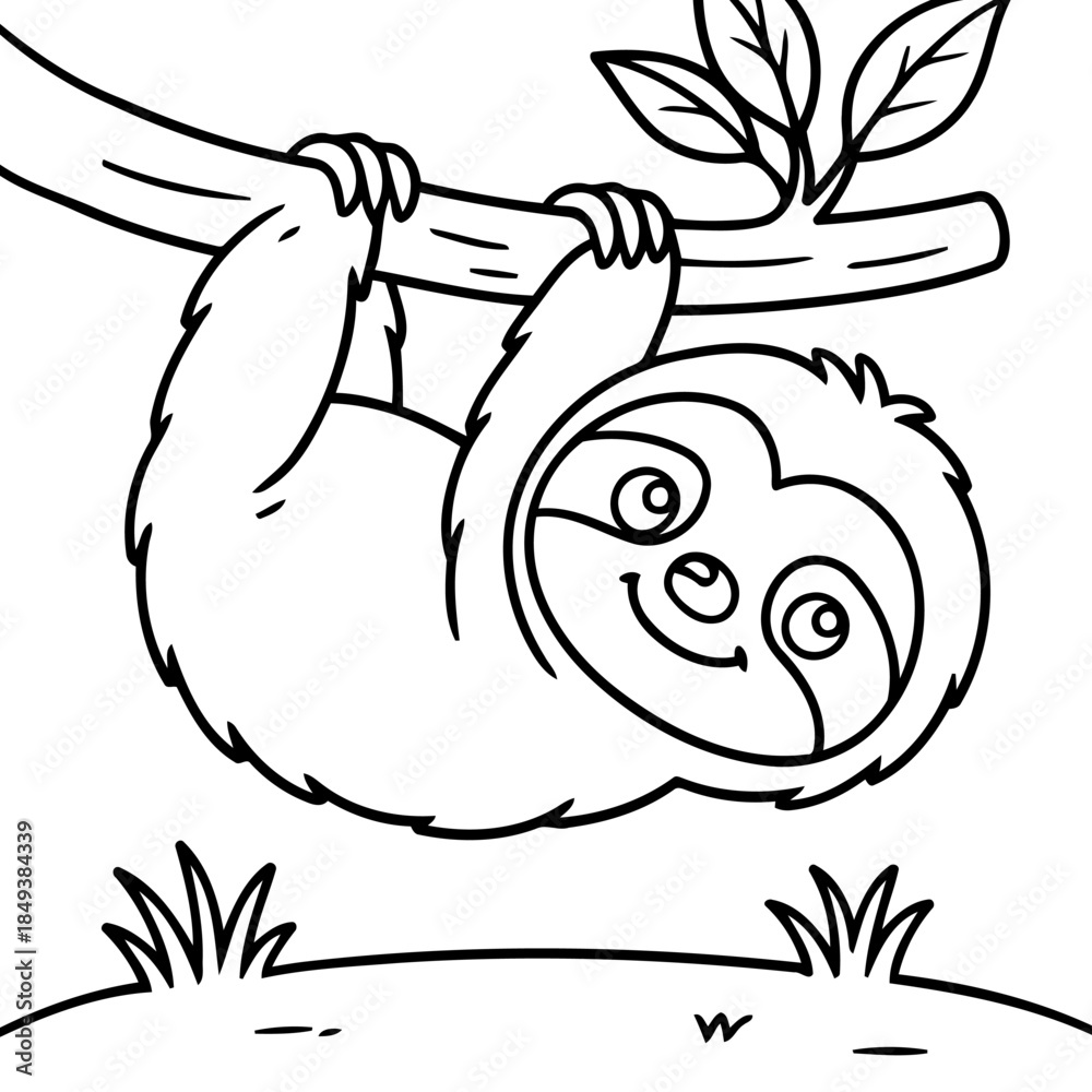 Obraz premium Smiling Sloth on Branch: An adorable illustration of a charming sloth clinging to a sturdy branch, showcasing its serene nature and gentle charm.
