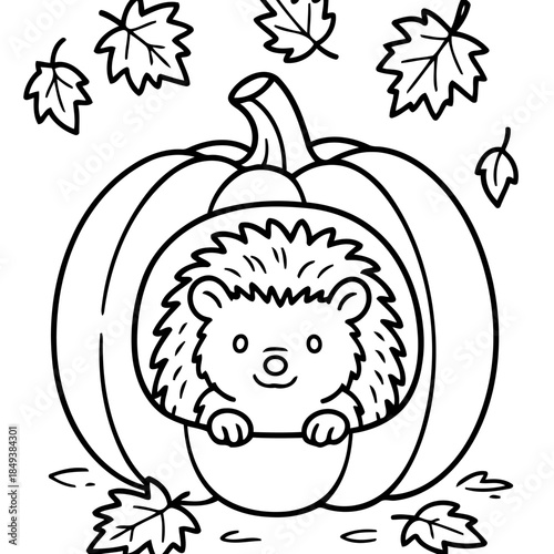 Cozy Autumn: A cute hedgehog finds a comforting haven nestled inside a vibrant pumpkin, surrounded by falling leaves, the quintessential image of autumn's embrace.
