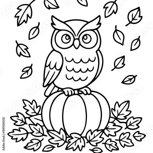 Autumn Owl in Pumpkin Patch: An adorable owl perches atop a plump pumpkin, surrounded by falling autumn leaves, in a scene that captures the cozy essence of fall.