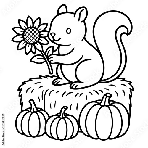 Autumn Harvest Gathering: A whimsical cartoon portrays a cheerful squirrel, perched atop a bale of hay, holding a vibrant sunflower amidst a trio of pumpkins, celebrating the bounty of the harvest.