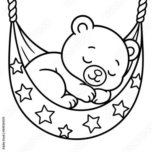 Dreamy Slumber: A sweet illustration of a bear cub sound asleep, cocooned in a cozy hammock, represents tranquility and the sweet simplicity of a peaceful nap.