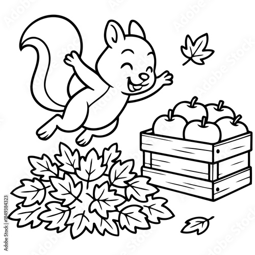 Autumn Squirrel's Bounty: A joyful cartoon squirrel leaps through the air, amidst a bed of colorful leaves, towards a crate of ripe apples. A celebration of autumn. 