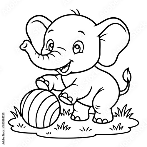 Playful Baby Elephant with Striped Ball: A cheerful baby elephant playfully interacts with a striped ball, a charming scene capturing innocence and the joy of early exploration.