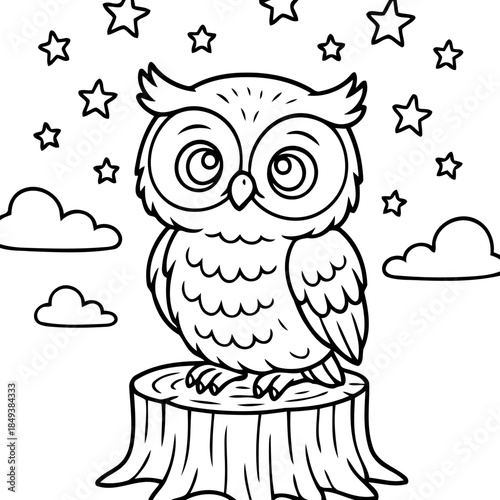Owl in Starlight: A wise owl gazes upwards, surrounded by stars and clouds, perched atop a tree stump in a serene nighttime scene.