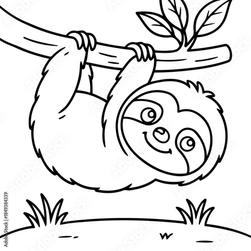 Smiling Sloth on Branch: An adorable illustration of a charming sloth clinging to a sturdy branch, showcasing its serene nature and gentle charm.