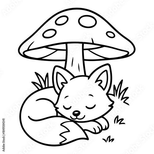 Sleeping Fox Under Mushroom: A cute, whimsical fox snuggles soundly beneath a large mushroom, evoking a sense of calm and fairy-tale whimsy.