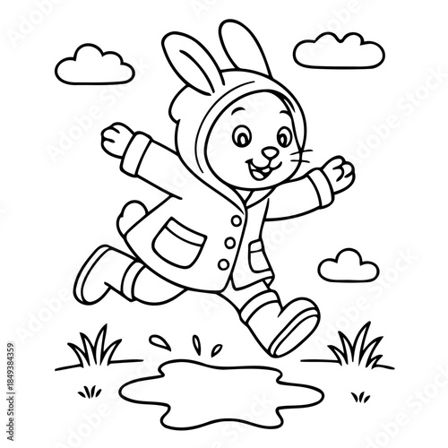 Joyful Bunny's Playtime: A playful cartoon bunny, adorned in a hooded coat, gleefully leaps over a puddle with unrestrained joy in a delightful outdoor scene. 