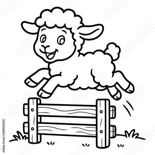 Little Lamb Leaping Over Fence: A cute cartoon lamb joyfully leaps over a rustic wooden fence in a playful and whimsical scene.
