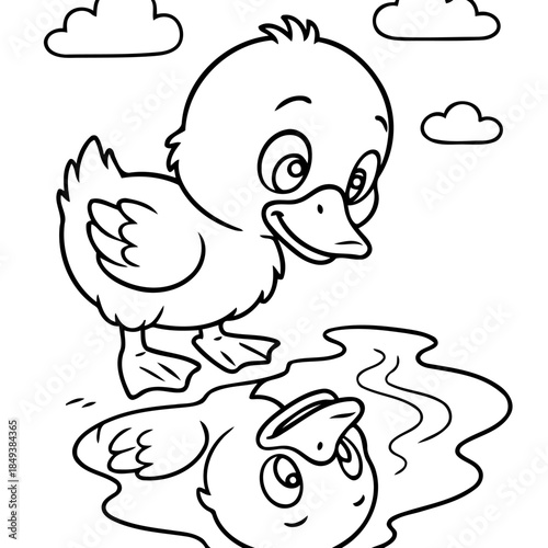 Playful Duckling and Reflection: A charming illustration depicts a duckling standing near a puddle, gazing at its own reflection. A scene full of innocence and playfulness.