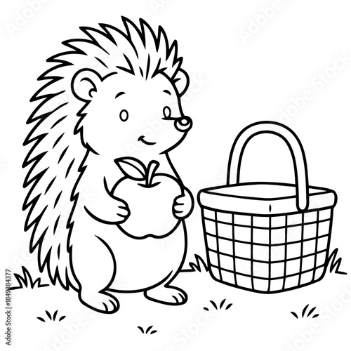 Hedgehog with Apple and Picnic Basket: A delightful line drawing depicts a cheerful hedgehog clutching a ripe apple next to an inviting picnic basket.